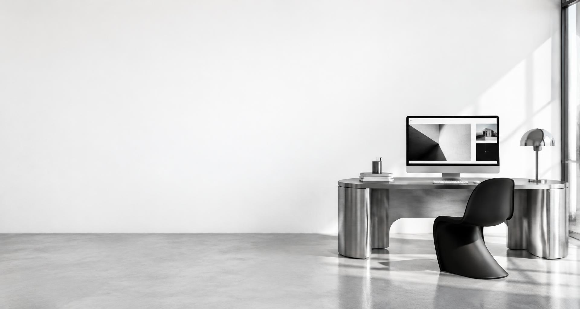 Estúdio minimalista com um site em um computador sobre uma mesa de metal